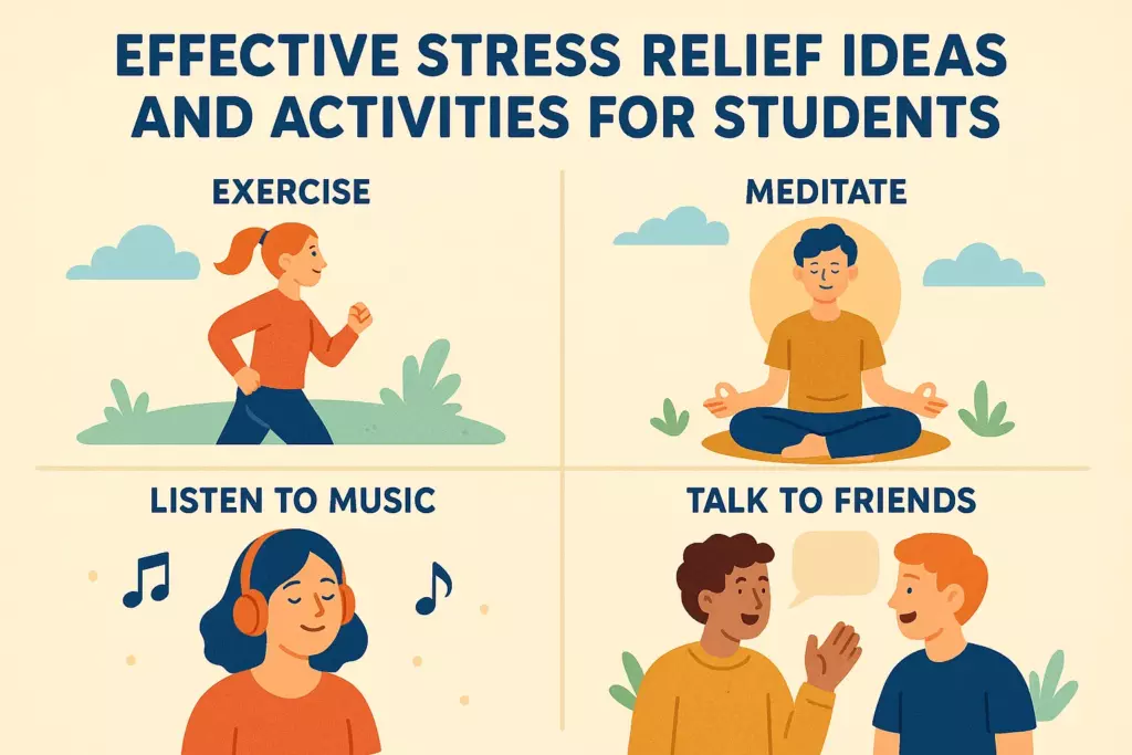 Illustration of stress relief ideas for students: exercise, meditate, listen to music, and talk to friends. Includes drawings of a girl running, a person meditating, a girl with headphones, and two friends talking.