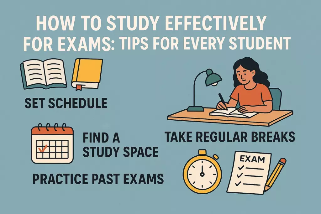 Illustration with tips on how to study effectively for exams: set a schedule, find a study space, take regular breaks, and practice past exams. Includes icons of books, calendar, desk with student, stopwatch, and exam paper.