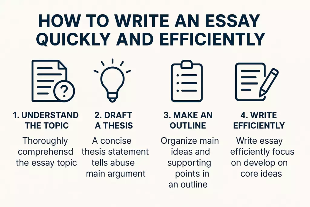 Infographic titled 'How to Write an Essay Quickly and Efficiently' with four steps: 1. Understand the topic, 2. Draft a thesis, 3. Make an outline, and 4. Write efficiently. Each step is illustrated with a matching icon.