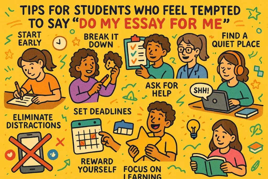 Illustration with tips for students tempted to say 'Do my essay for me'. Includes advice like start early, break it down, find a quiet place, eliminate distractions, set deadlines, ask for help, reward yourself, and focus on learning.